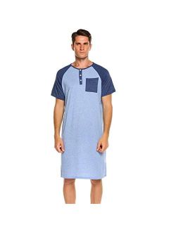 Pinspark Men's Nightshirt Nightwear Comfort Cotton Sleep Shirt Henley Short Sleeve Lounge Sleepwear