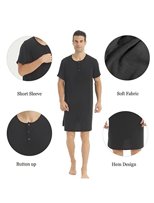 LNFINTDO Mens Nightshirts for Sleeping Big and Tall 3 Buttons Henley Shirts for Men Short Sleeve Knit Sleep Shirts Nightgown