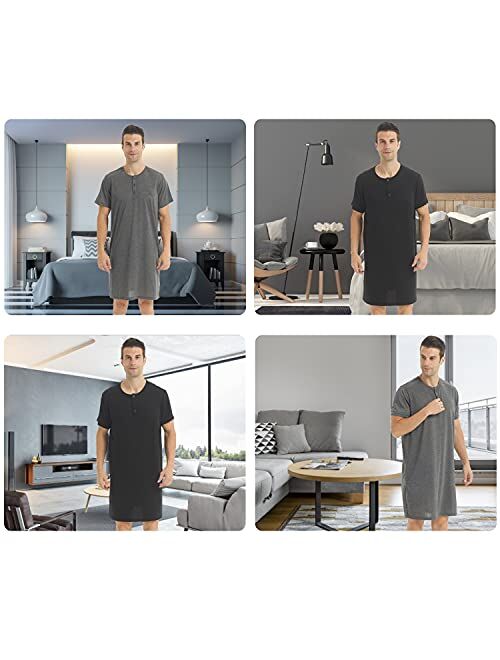 LNFINTDO Mens Nightshirts for Sleeping Big and Tall 3 Buttons Henley Shirts for Men Short Sleeve Knit Sleep Shirts Nightgown