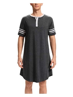 Kyonuza Men's Nightshirt Cotton Sleep Shirt Big&Tall Nightwear Short Sleeve Henley Loose Nightgown Sleepwear with Pockets