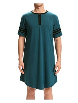 Kyonuza Men's Nightshirt Cotton Sleep Shirt Big&Tall Nightwear Short Sleeve Henley Loose Nightgown Sleepwear with Pockets