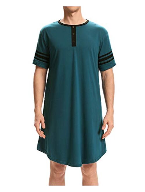 Kyonuza Men's Nightshirt Cotton Sleep Shirt Big&Tall Nightwear Short Sleeve Henley Loose Nightgown Sleepwear with Pockets