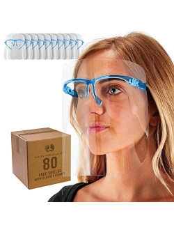 Salon World Safety Face Shields with Glasses Frames (Pack of 4) - Ultra Clear Protective Full Face Shields to Protect Eyes, Nose, Mouth - Anti-Fog PET Plastic