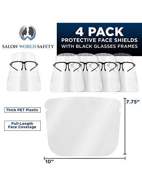 TCP Global Salon World Safety Face Shields with Glasses Frames (Pack of 4) - Ultra Clear Protective Full Face Shields to Protect Eyes, Nose, Mouth - Anti-Fog PET Plastic 