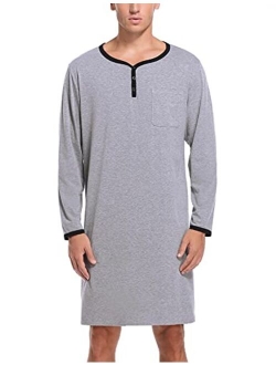 Sykooria Men's Nightgown Long Sleeve Henley Kaftan Sleep Shirt Knee Length Comfy Nightshirts