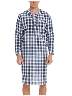 Sykooria Men's Nightgown Long Sleeve Henley Kaftan Sleep Shirt Knee Length Comfy Nightshirts