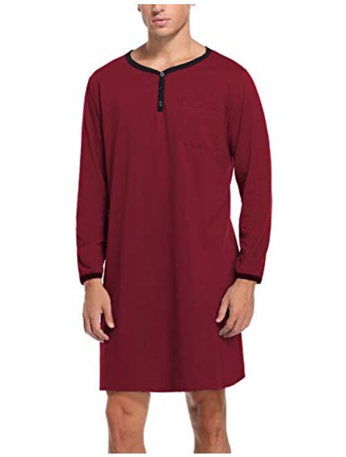 Sykooria Men's Nightgown Long Sleeve Henley Kaftan Sleep Shirt Knee Length Comfy Nightshirts