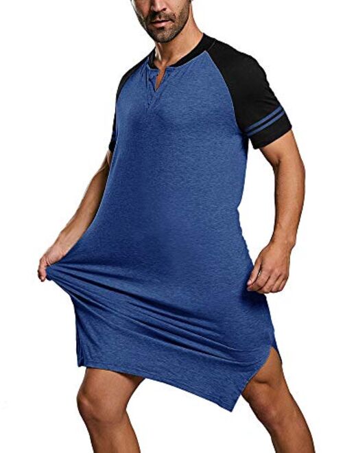 Gafeng Mens Nightshirt Long Sleep Shirts Short Sleeve Nightgown Night Sleepwear Oversized Henley Neck Raglan Nightwear