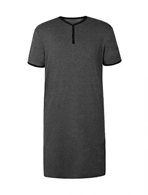 Gafeng Mens Nightshirt Long Sleep Shirts Short Sleeve Nightgown Night Sleepwear Oversized Henley Neck Raglan Nightwear