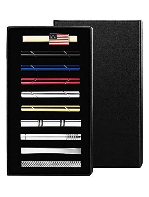 FINREZIO 10PCS Tie Clips Set Men Tie Bar Clip Black Silver Gold Navy Regular Ties Necktie Wedding Business Clips with Gift Box