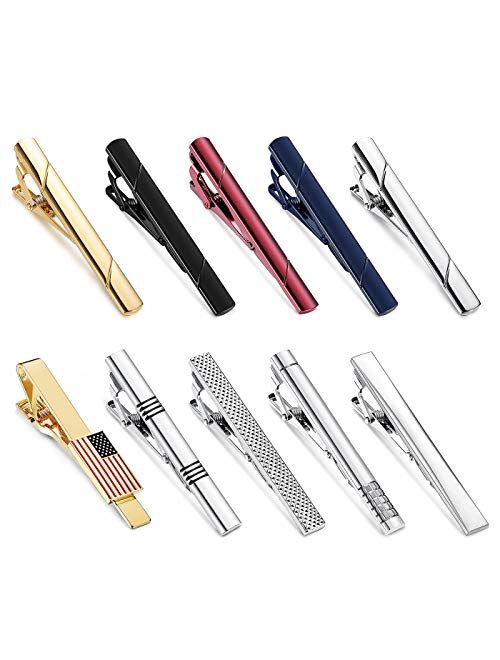 FINREZIO 10PCS Tie Clips Set Men Tie Bar Clip Black Silver Gold Navy Regular Ties Necktie Wedding Business Clips with Gift Box