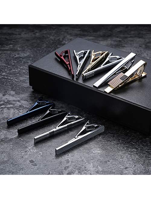 FINREZIO 10PCS Tie Clips Set Men Tie Bar Clip Black Silver Gold Navy Regular Ties Necktie Wedding Business Clips with Gift Box