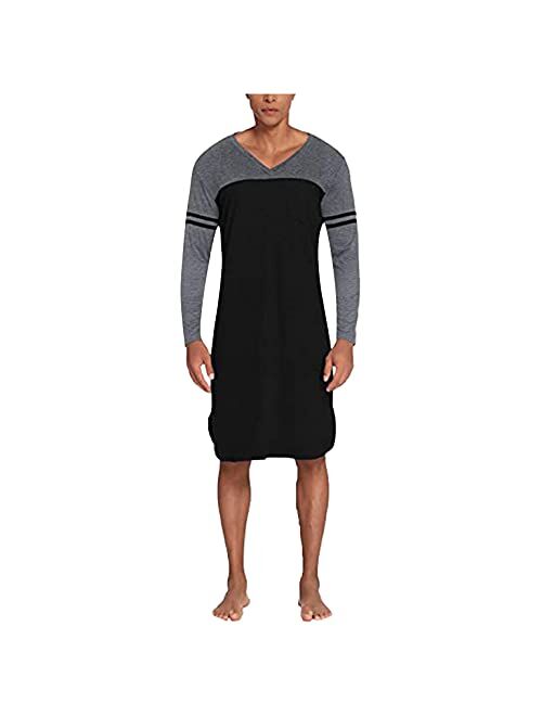 JSPOYOU Mens Nightshirt Long Sleeve V Neck Cotton Nightgown Big & Tall Comfy Soft Pajamas Casual Loose Modal Lounge Sleepwear