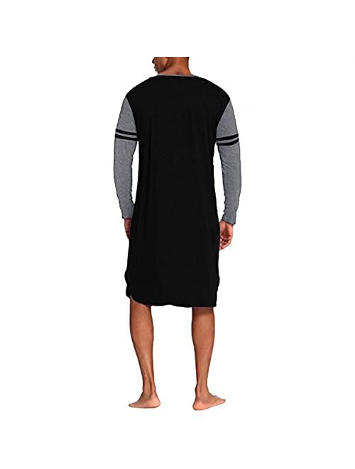 JSPOYOU Mens Nightshirt Long Sleeve V Neck Cotton Nightgown Big & Tall Comfy Soft Pajamas Casual Loose Modal Lounge Sleepwear