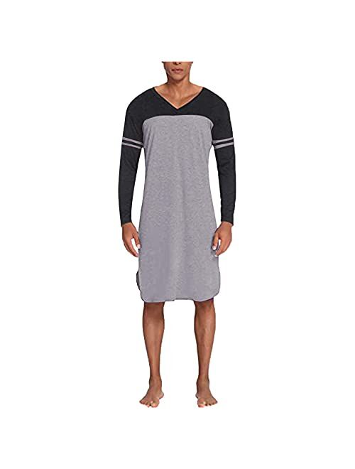 JSPOYOU Mens Nightshirt Long Sleeve V Neck Cotton Nightgown Big & Tall Comfy Soft Pajamas Casual Loose Modal Lounge Sleepwear