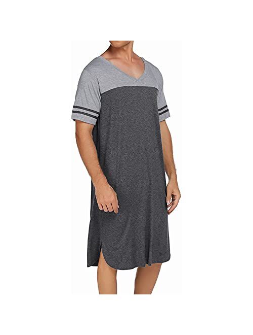 Mens Casual Nightshirt V Neck Short Sleeve Loose Comfy Nightgowns Long Tshirts Pajamas Nightwear Sleepwear Lounge Robe