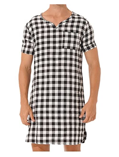 Aislor Men's Plaid Nightshirt Nightdress Short Sleeve Sleep Shirt Lightweight Pajamas Homewear Nightwear