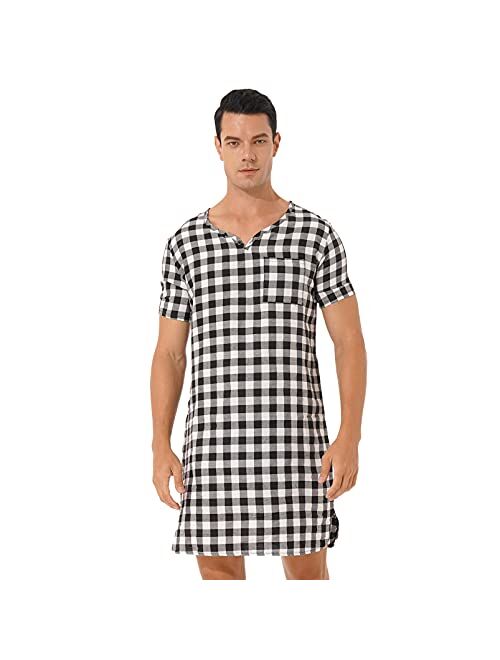 Aislor Men's Plaid Nightshirt Nightdress Short Sleeve Sleep Shirt Lightweight Pajamas Homewear Nightwear