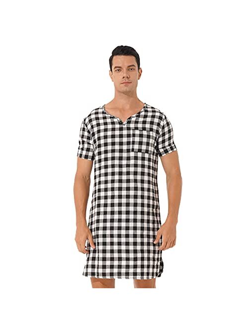 Aislor Men's Plaid Nightshirt Nightdress Short Sleeve Sleep Shirt Lightweight Pajamas Homewear Nightwear