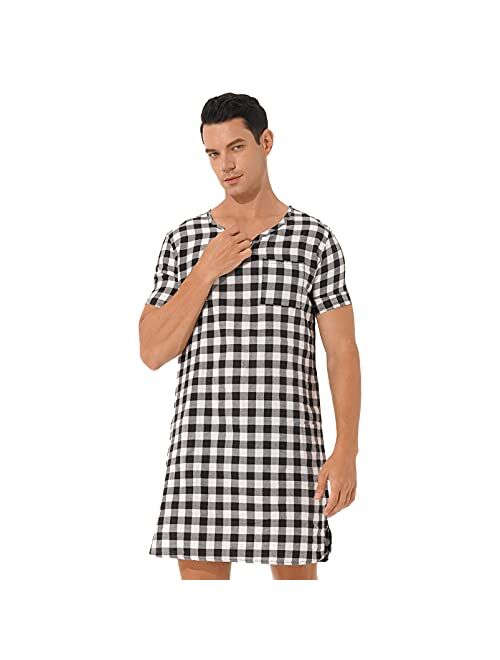 Aislor Men's Plaid Nightshirt Nightdress Short Sleeve Sleep Shirt Lightweight Pajamas Homewear Nightwear