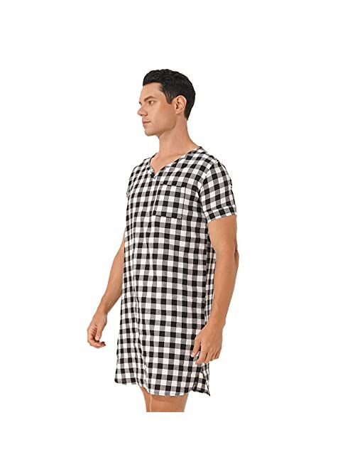 Aislor Men's Plaid Nightshirt Nightdress Short Sleeve Sleep Shirt Lightweight Pajamas Homewear Nightwear