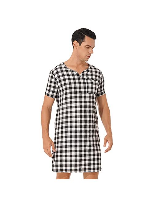 Aislor Men's Plaid Nightshirt Nightdress Short Sleeve Sleep Shirt Lightweight Pajamas Homewear Nightwear