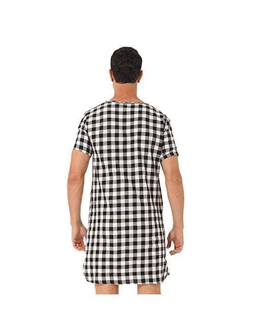 Aislor Men's Plaid Nightshirt Nightdress Short Sleeve Sleep Shirt Lightweight Pajamas Homewear Nightwear