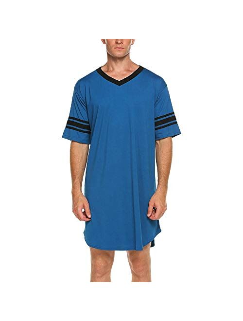 Men’s Nightshirt Soft Big&Tall Pajamas Nightwear V Neck Short Sleeve Sleep Shirt Sleepwear