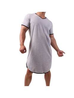 WINTOFW Men's Nightshirt Cotton Nightwear Comfy V Neck Short Sleeve Soft Loose Nightgown Pajamas Sleepwear