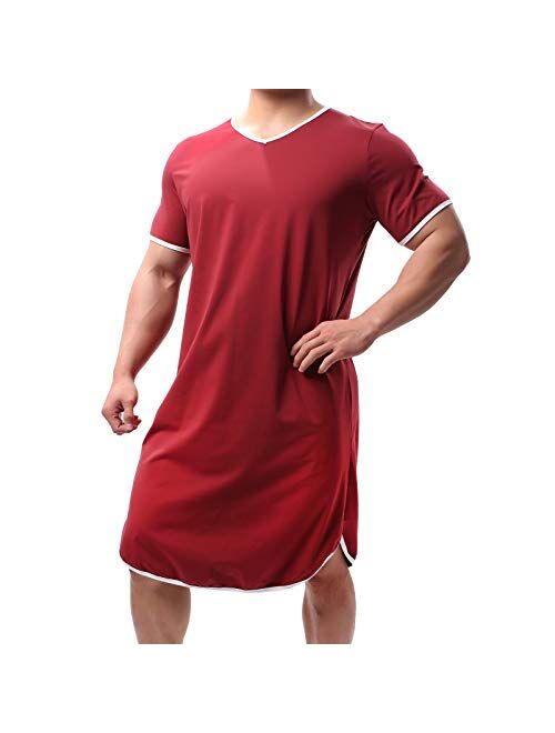 WINTOFW Men's Nightshirt Cotton Nightwear Comfy V Neck Short Sleeve Soft Loose Nightgown Pajamas Sleepwear