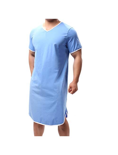 WINTOFW Men's Nightshirt Cotton Nightwear Comfy V Neck Short Sleeve Soft Loose Nightgown Pajamas Sleepwear