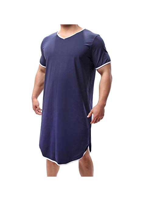 WINTOFW Men's Nightshirt Cotton Nightwear Comfy V Neck Short Sleeve Soft Loose Nightgown Pajamas Sleepwear