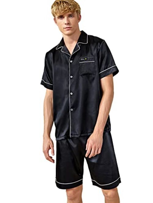 Romwe Men's Silk Pajama Set Satin Lapel V Neck Button Front Pocket Short Sleeve Solid Lounge Set Sleepwear