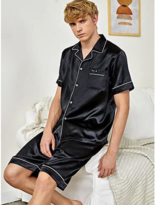 Romwe Men's Silk Pajama Set Satin Lapel V Neck Button Front Pocket Short Sleeve Solid Lounge Set Sleepwear