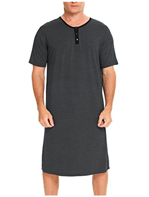 SWOMOG Men's Nightshirt Soft Nightgown Short Sleeve Big & Tall Comfy Loose Henley Sleepshirt