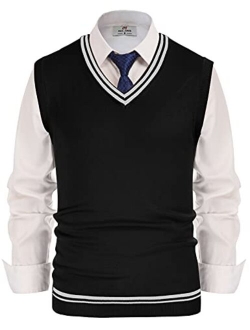 Mens V-Neck Knitted Sweater Vest Solid Plain Sleeveless Pullover Knitwear