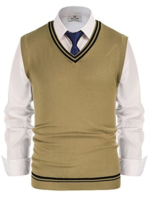 PJ PAUL JONES Mens V-Neck Knitted Sweater Vest Solid Plain Sleeveless Pullover Knitwear