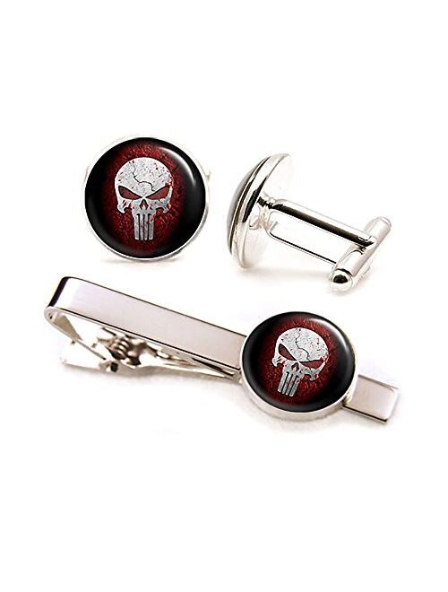 SharedImagination Punisher Cufflinks, Skull Tie Clip, DC Comics Jewelry, Justice League Superhero Wedding Party Gifts, Groomsmen Gift