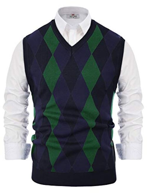 PJ PAUL JONES Mens Casual Argyle Sweater Vest V-Neck Sleeveless Pullover Knitwear Vests