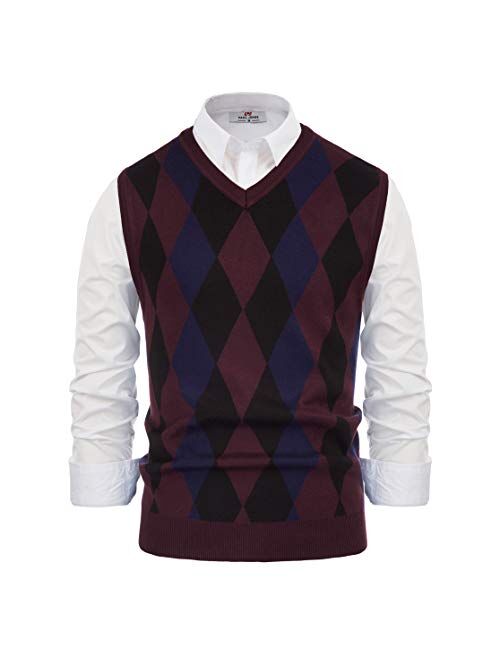 PJ PAUL JONES Mens Casual Argyle Sweater Vest V-Neck Sleeveless Pullover Knitwear Vests