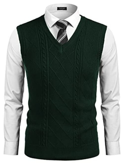 Men's Slim Fit V-Neck Sweater Vest Pullover Sleeveless Sweaters Cable Knitted with Ribbing Edge