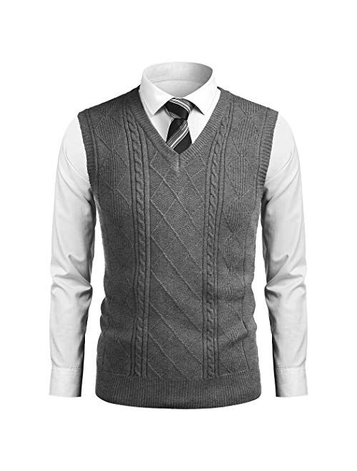 COOFANDY Men's Slim Fit V-Neck Sweater Vest Pullover Sleeveless Sweaters Cable Knitted with Ribbing Edge