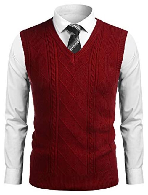 COOFANDY Men's Slim Fit V-Neck Sweater Vest Pullover Sleeveless Sweaters Cable Knitted with Ribbing Edge