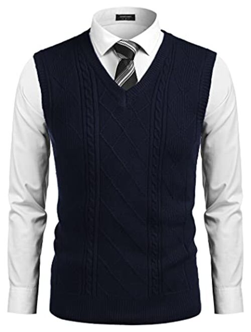 COOFANDY Men's Slim Fit V-Neck Sweater Vest Pullover Sleeveless Sweaters Cable Knitted with Ribbing Edge