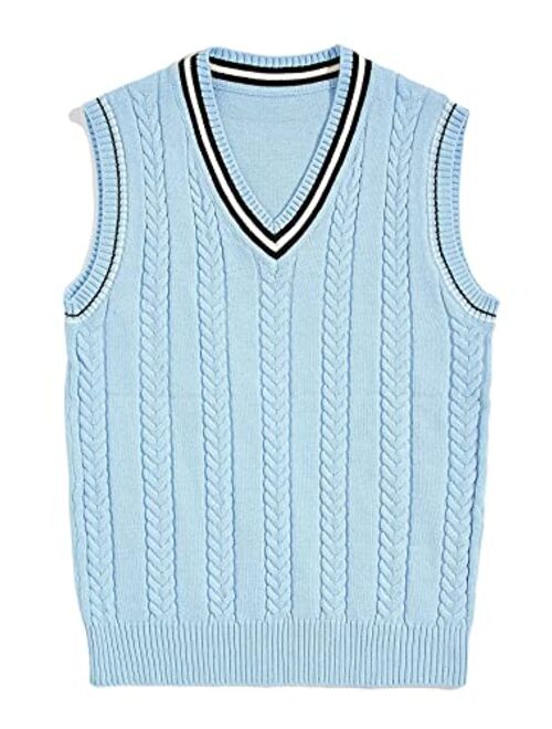 Milumia Men V Neck Striped Trim Cable Knit Preppy Business Casual Sweater Vest