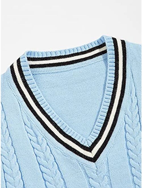 Milumia Men V Neck Striped Trim Cable Knit Preppy Business Casual Sweater Vest