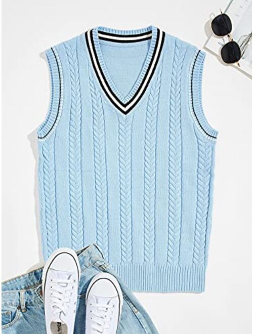 Milumia Men V Neck Striped Trim Cable Knit Preppy Business Casual Sweater Vest