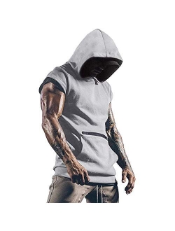 OEAK Mens T Shirt Hooded Workout Tank Tops Sleeveless Hoodies Muscle Shirt Gym Training Blouse with Athletic Pockets