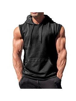 OEAK Mens T Shirt Hooded Workout Tank Tops Sleeveless Hoodies Muscle Shirt Gym Training Blouse with Athletic Pockets