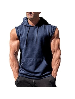 OEAK Mens T Shirt Hooded Workout Tank Tops Sleeveless Hoodies Muscle Shirt Gym Training Blouse with Athletic Pockets